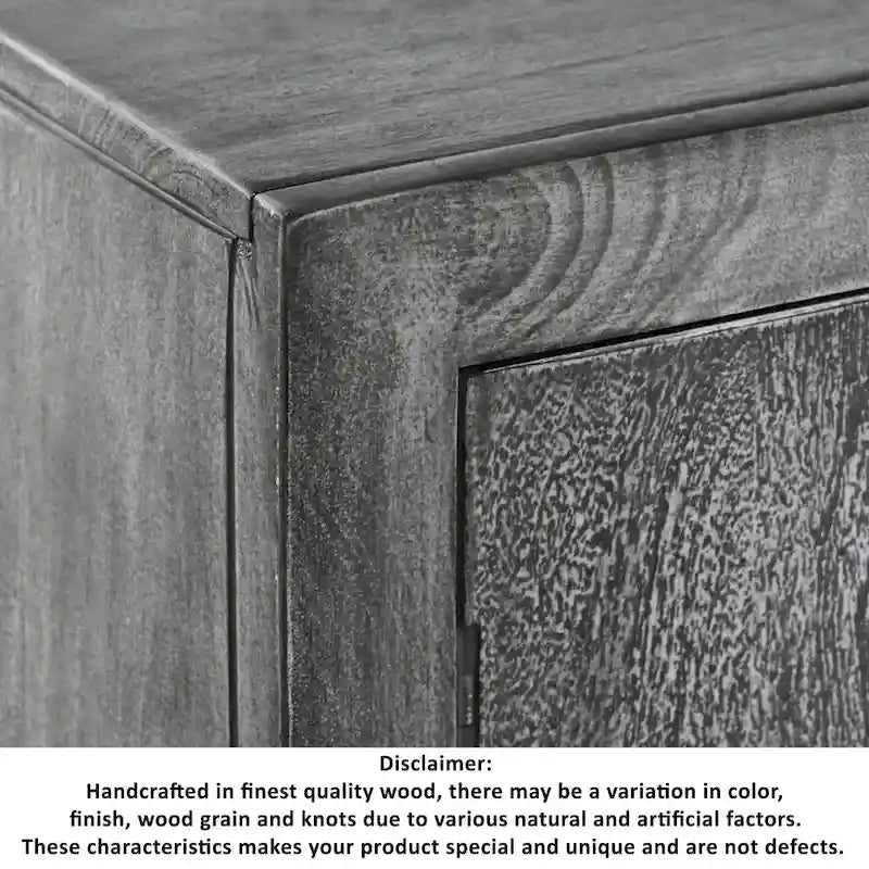Zera 39 Inch Handcrafted Accent Cabinet with 2 Doors, Medallion Engraved, Sandblasted Gray Mango Wood, Black Iron Framed Stand
