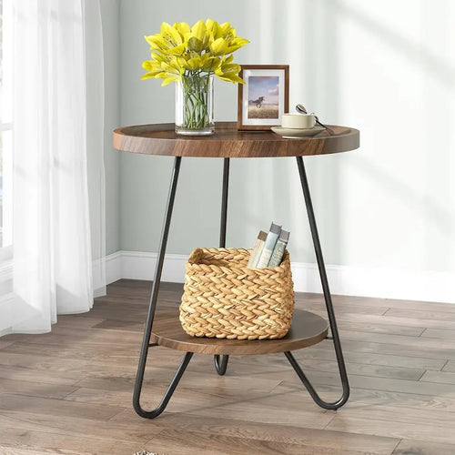 2-Tier Round Side Table, Wooden End Table with Metal Legs