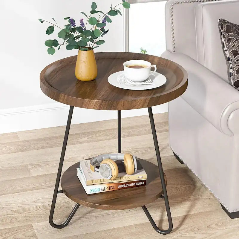 2-Tier Round Side Table, Wooden End Table with Metal Legs