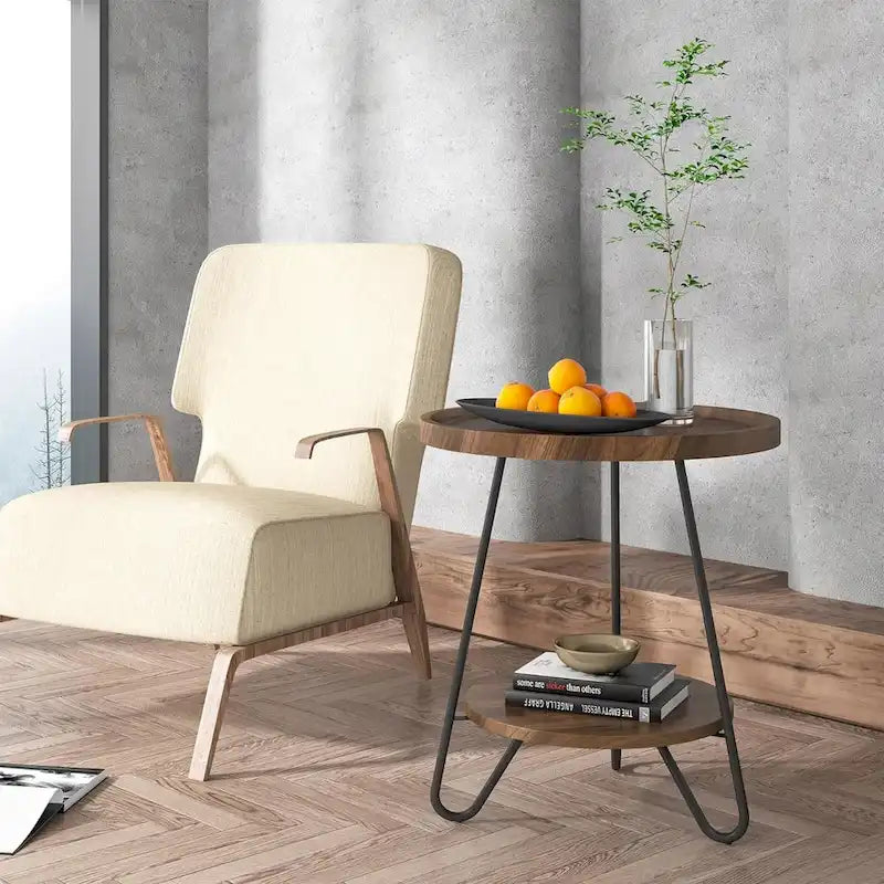2-Tier Round Side Table, Wooden End Table with Metal Legs