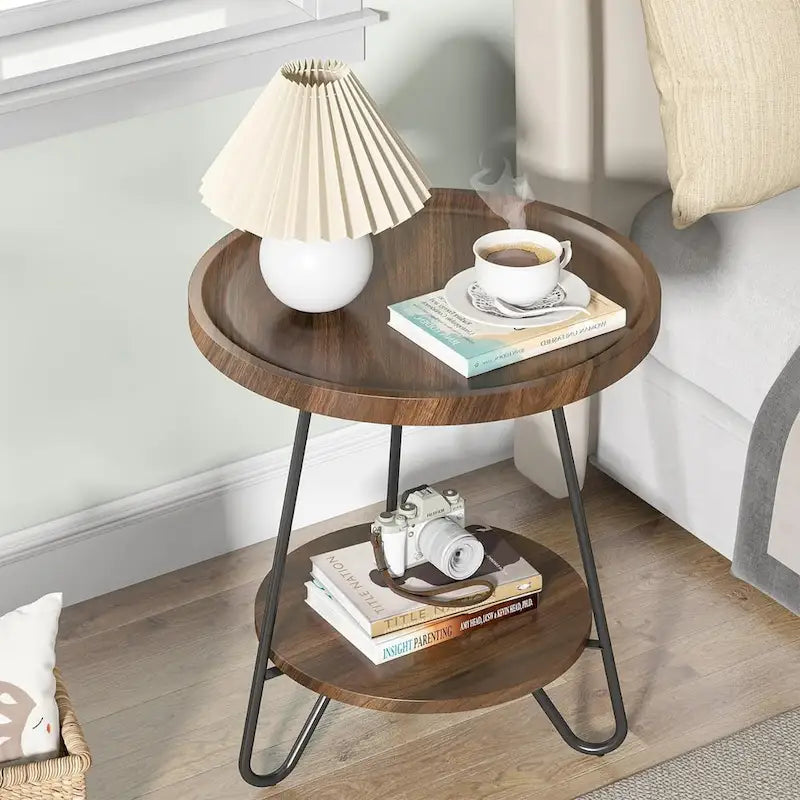 2-Tier Round Side Table, Wooden End Table with Metal Legs