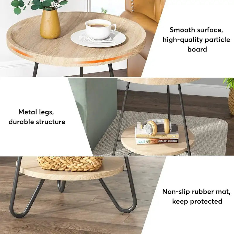 2-Tier Round Side Table, Wooden End Table with Metal Legs