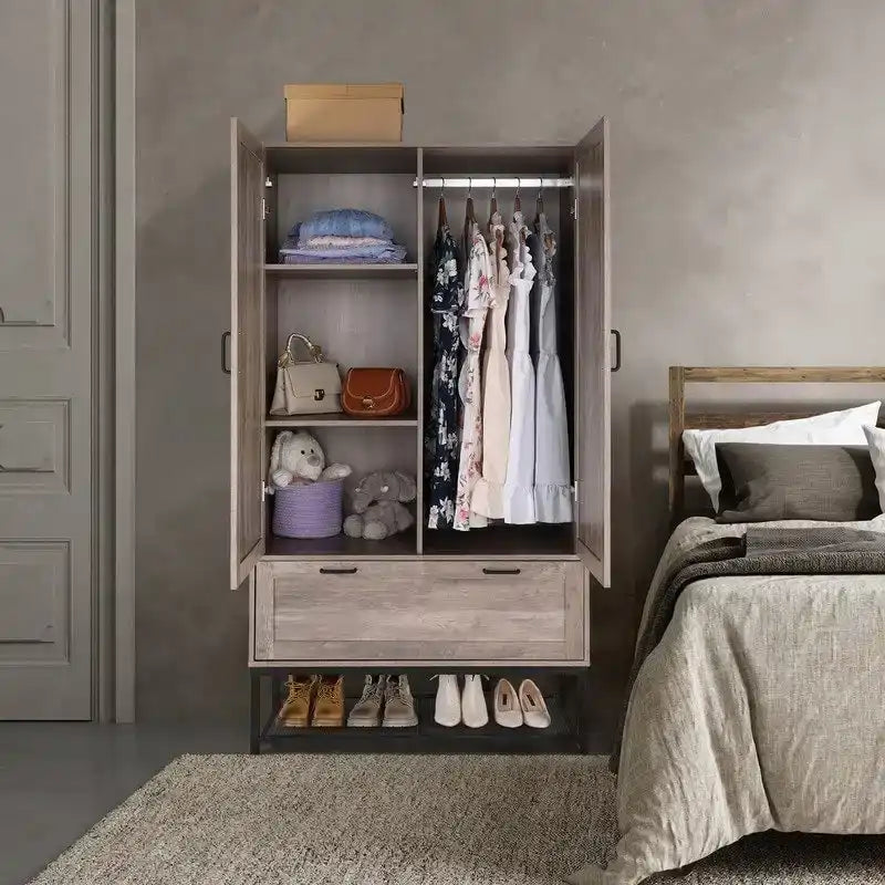 Grey Wooden Wardrobe - N/A
