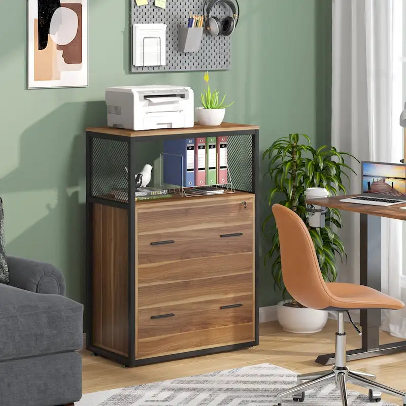 Walnut/ Black 2 Drawer Lateral File Cabinet with Open Storage Shelves, Industrial Filing Cabinet Printer Stand