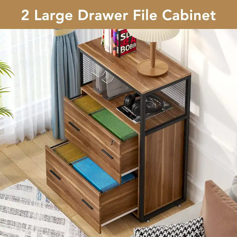 Walnut/ Black 2 Drawer Lateral File Cabinet with Open Storage Shelves, Industrial Filing Cabinet Printer Stand