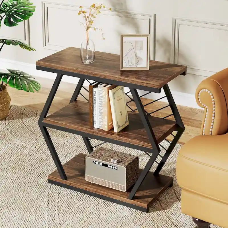 3-tier Rectangular End Side Table with Metal Frame for Living Room, Nightstand Bedside Table for Bedroom