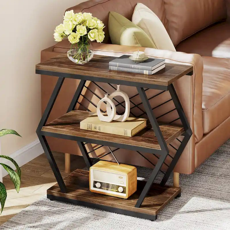 3-tier Rectangular End Side Table with Metal Frame for Living Room, Nightstand Bedside Table for Bedroom