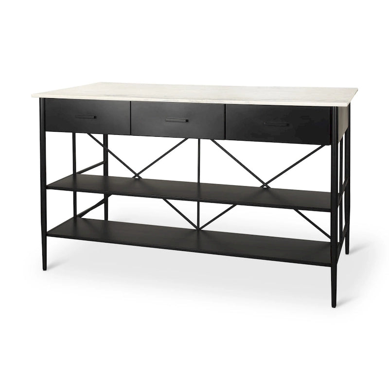 Amika White Solid Marble Top with Black Metal Base Kitchen Island