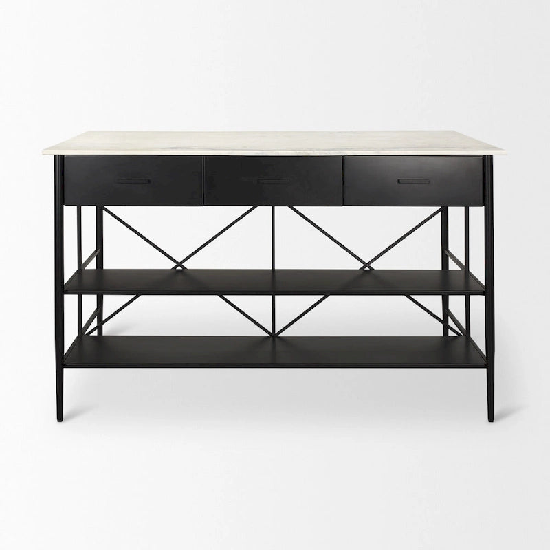 Amika White Solid Marble Top with Black Metal Base Kitchen Island