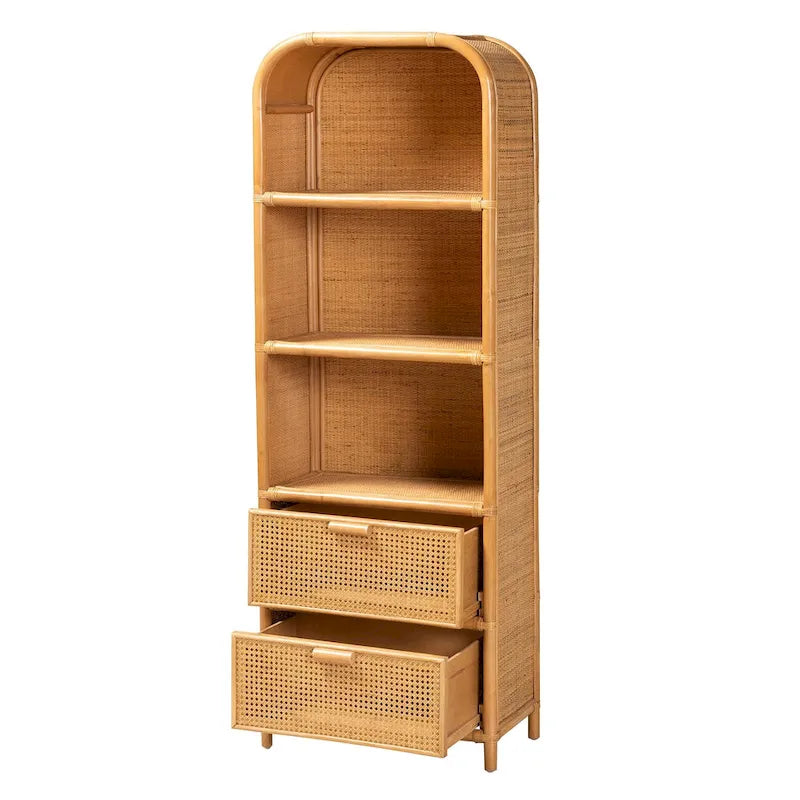 Curacao Modern Bohemian Light Honey Rattan 2-Drawer Bookcase