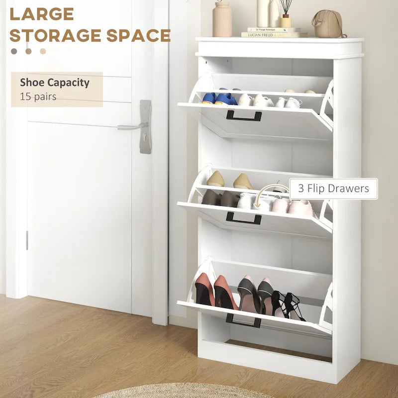 HOMCOM Shoe Cabinet for Entryway, Narrow Shoe Rack Storage Organizer with 3 Flip Drawers and Adjustable Shelves