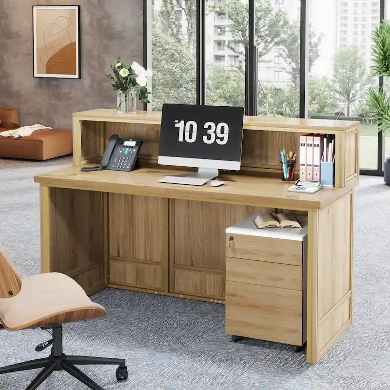 Boho 57-inche Reception Desk with Counter Front Desk Receptionist Desk for Office, Retail, Lobby, Beauty Salon