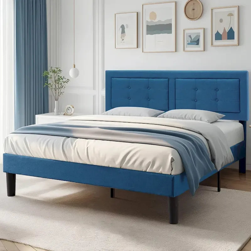 Modern Upholstered Platform Bed Frames with Adjustable Headboard,Blue Beds