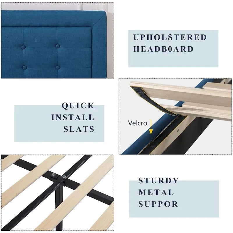 Modern Upholstered Platform Bed Frames with Adjustable Headboard,Blue Beds