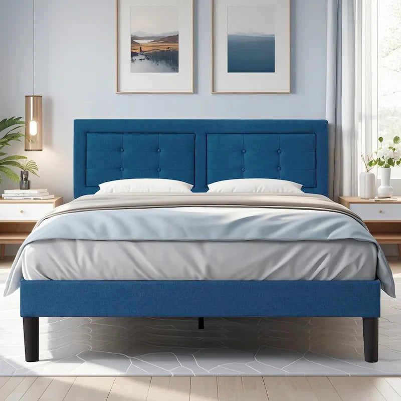 Modern Upholstered Platform Bed Frames with Adjustable Headboard,Blue Beds