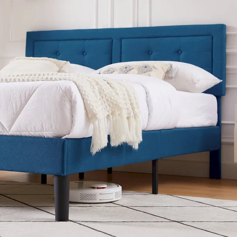 Modern Upholstered Platform Bed Frames with Adjustable Headboard,Blue Beds