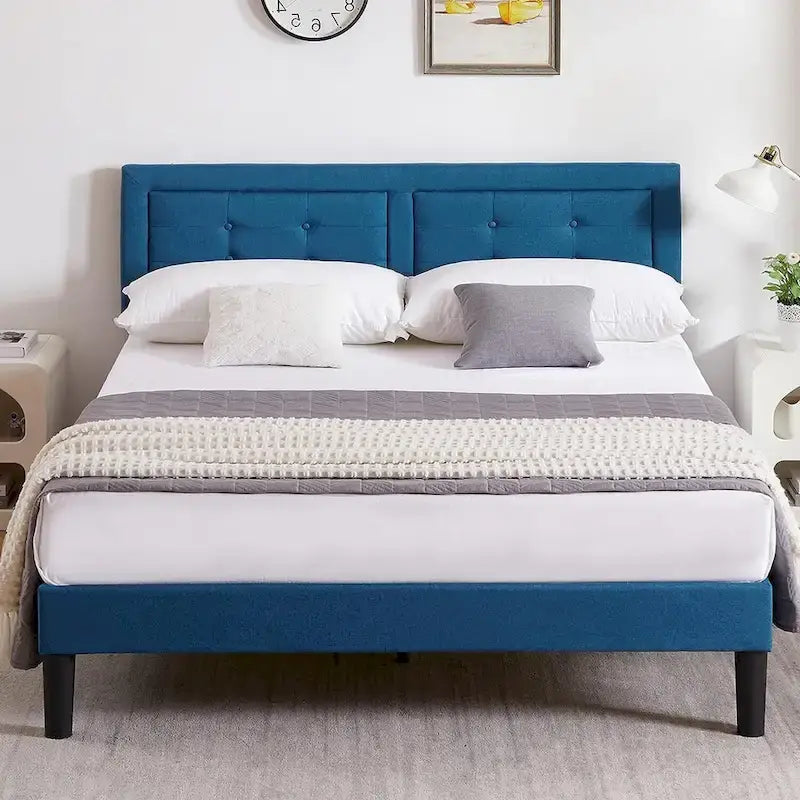 Modern Upholstered Platform Bed Frames with Adjustable Headboard,Blue Beds