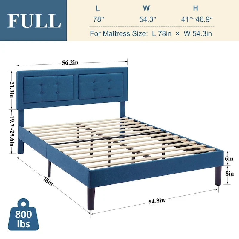 Modern Upholstered Platform Bed Frames with Adjustable Headboard,Blue Beds