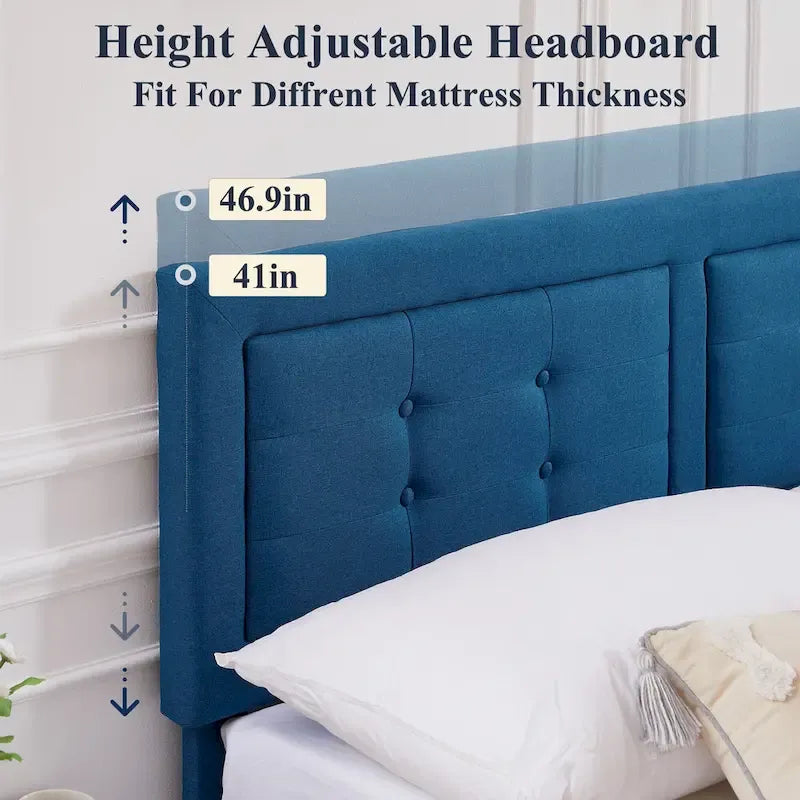 Modern Upholstered Platform Bed Frames with Adjustable Headboard,Blue Beds