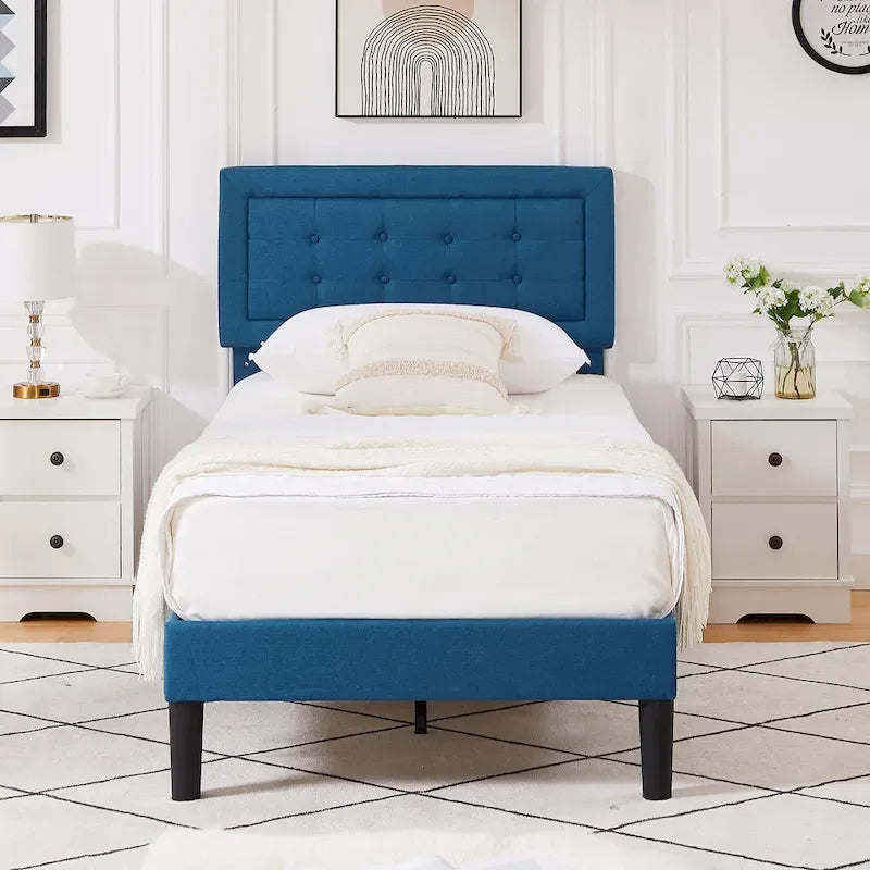 Modern Upholstered Platform Bed Frames with Adjustable Headboard,Blue Beds