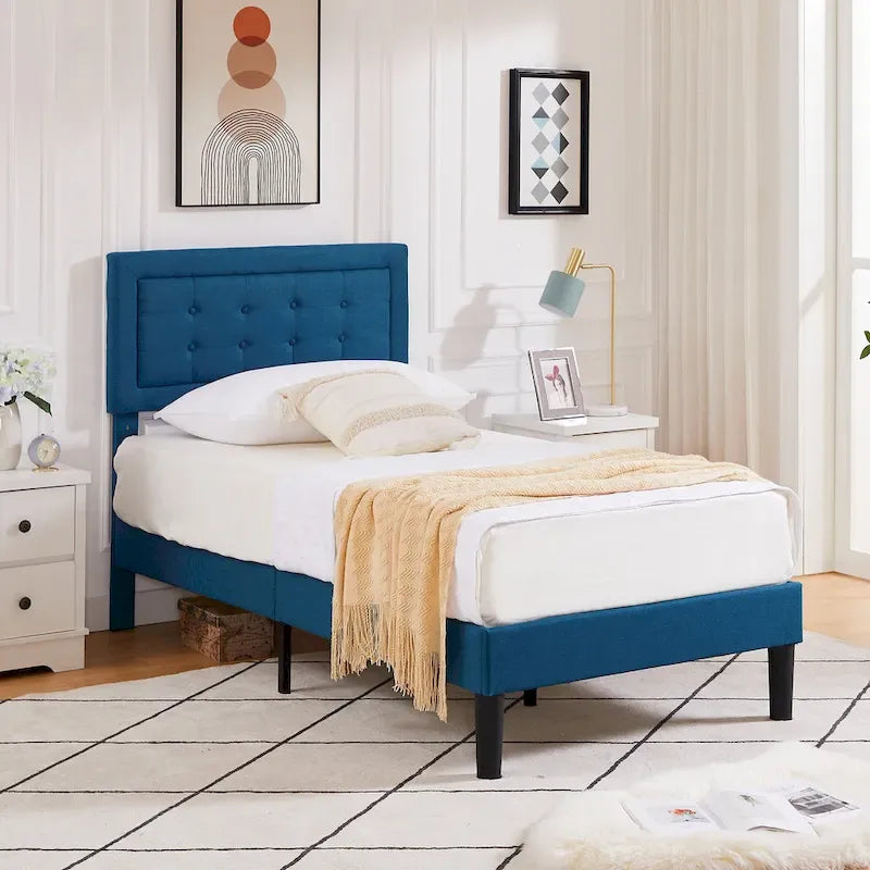 Modern Upholstered Platform Bed Frames with Adjustable Headboard,Blue Beds