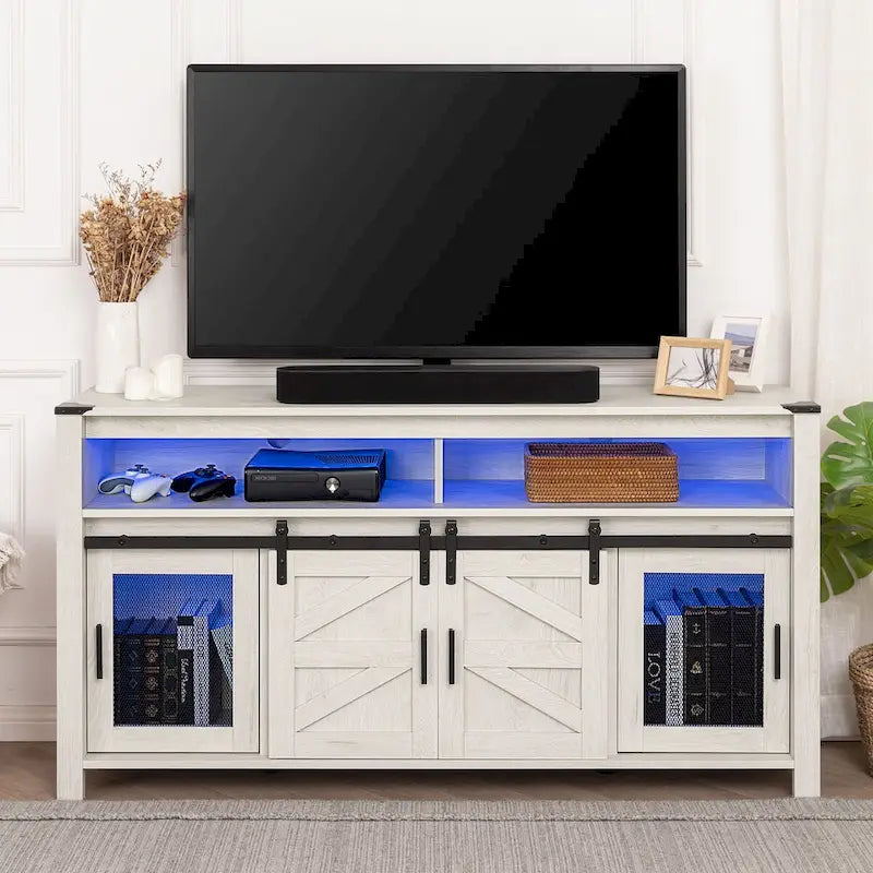 Highboy TV Console with LED Lights, Farmhouse & Industrial, 59 Inch