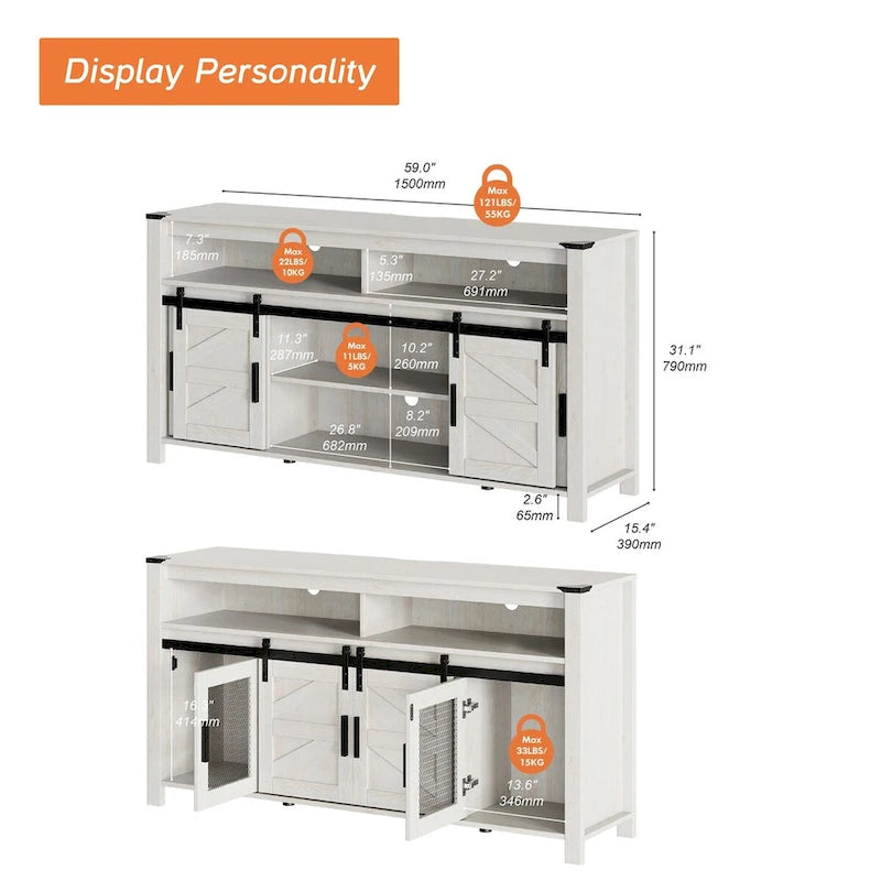 Highboy TV Console with LED Lights, Farmhouse & Industrial, 59 Inch