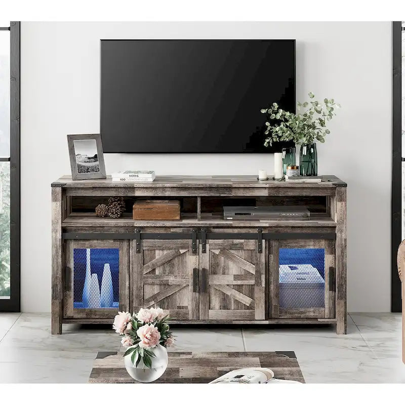 Highboy TV Console with LED Lights, Farmhouse & Industrial, 59 Inch