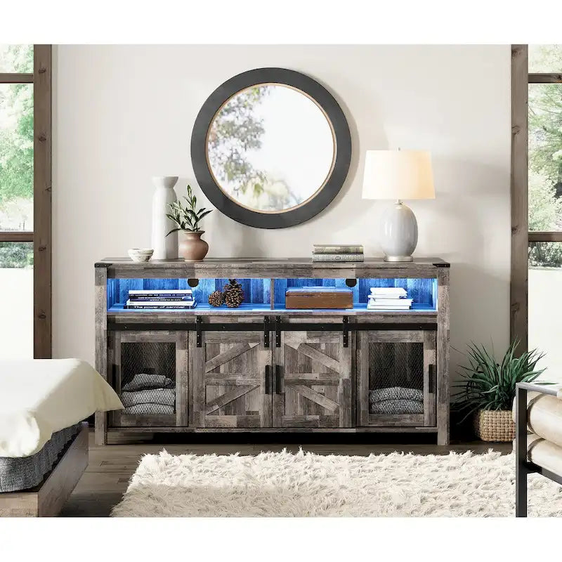 Highboy TV Console with LED Lights, Farmhouse & Industrial, 59 Inch