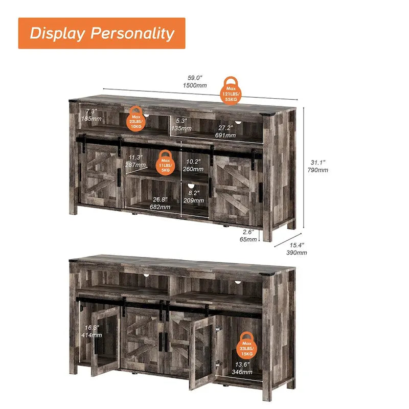 Highboy TV Console with LED Lights, Farmhouse & Industrial, 59 Inch