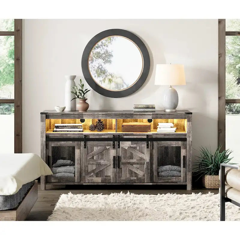 Highboy TV Console with LED Lights, Farmhouse & Industrial, 59 Inch