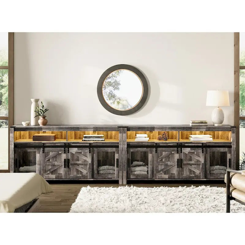 Highboy TV Console with LED Lights, Farmhouse & Industrial, 59 Inch