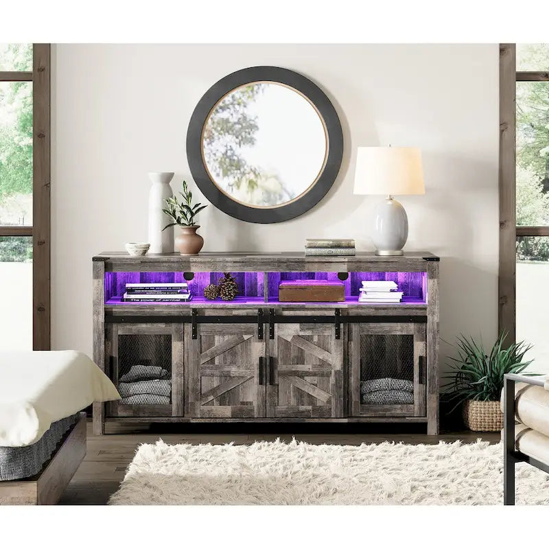 Highboy TV Console with LED Lights, Farmhouse & Industrial, 59 Inch
