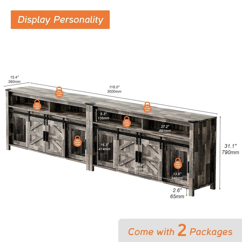 Highboy TV Console with LED Lights, Farmhouse & Industrial, 59 Inch