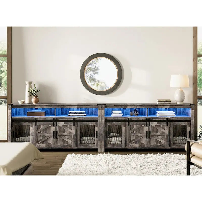 Highboy TV Console with LED Lights, Farmhouse & Industrial, 59 Inch