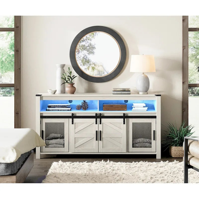 Highboy TV Console with LED Lights, Farmhouse & Industrial, 59 Inch