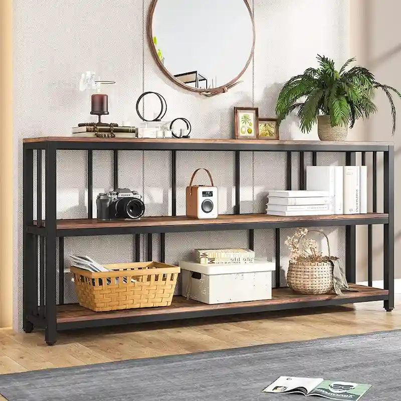 70.9 Console Table, 3 Tiers Sofa Table with Shelves,Brown