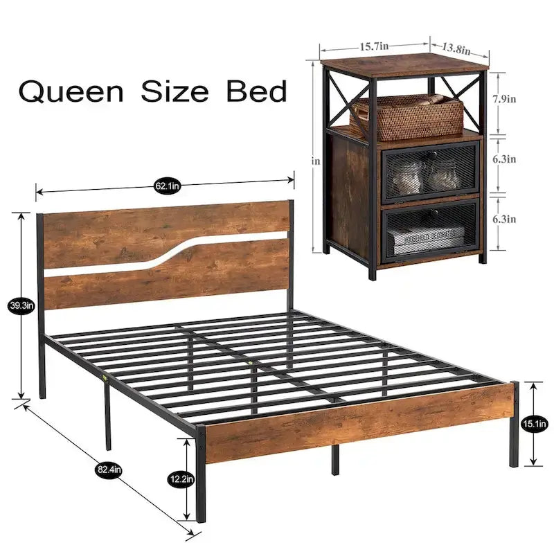 Taomika Bedroom Set of 3,Platform Bed Frame and Modern Nightstands Set of 2