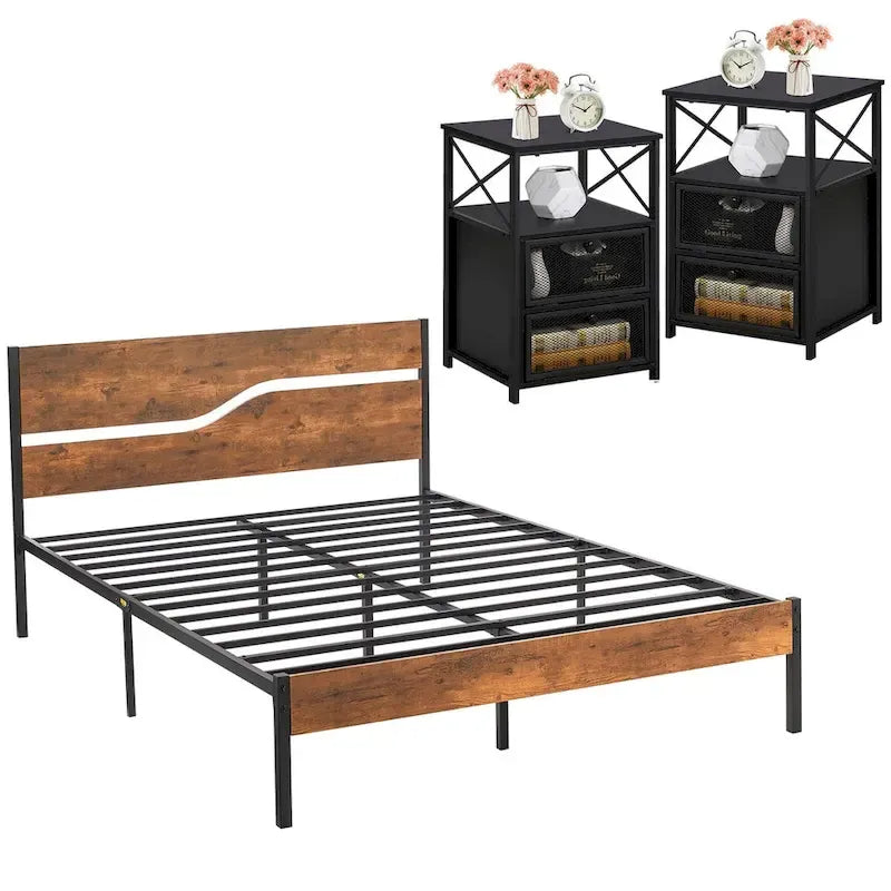 Taomika Bedroom Set of 3,Platform Bed Frame and Modern Nightstands Set of 2