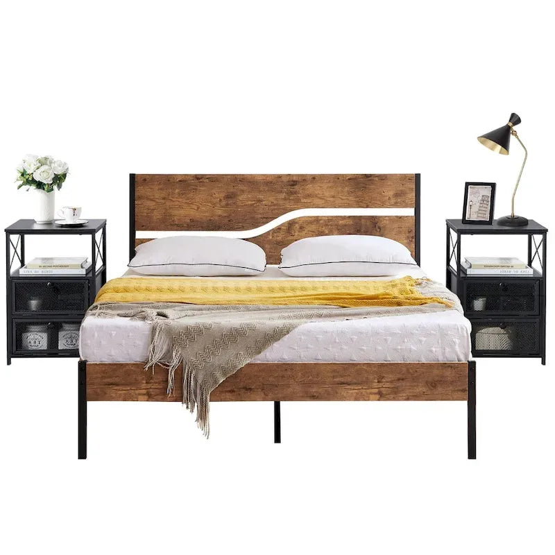 Taomika Bedroom Set of 3,Platform Bed Frame and Modern Nightstands Set of 2