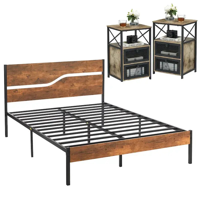 Taomika Bedroom Set of 3,Platform Bed Frame and Modern Nightstands Set of 2