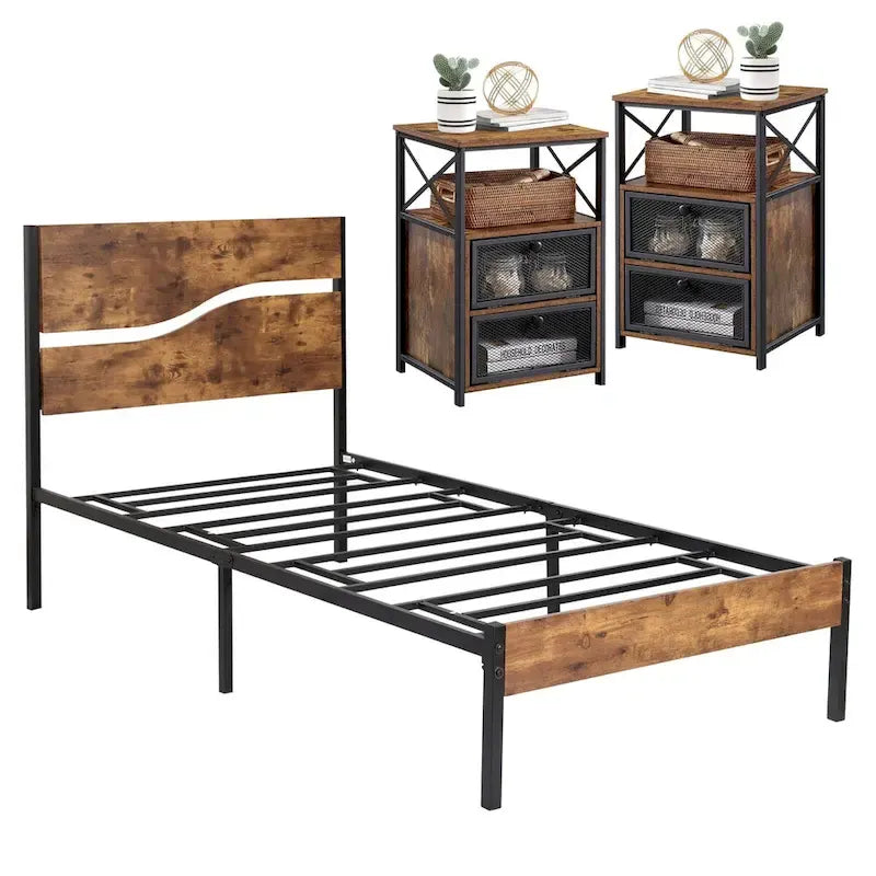 Taomika Bedroom Set of 3,Platform Bed Frame and Modern Nightstands Set of 2