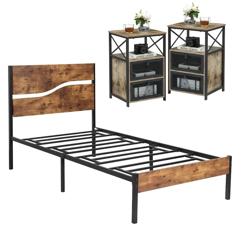 Taomika Bedroom Set of 3,Platform Bed Frame and Modern Nightstands Set of 2