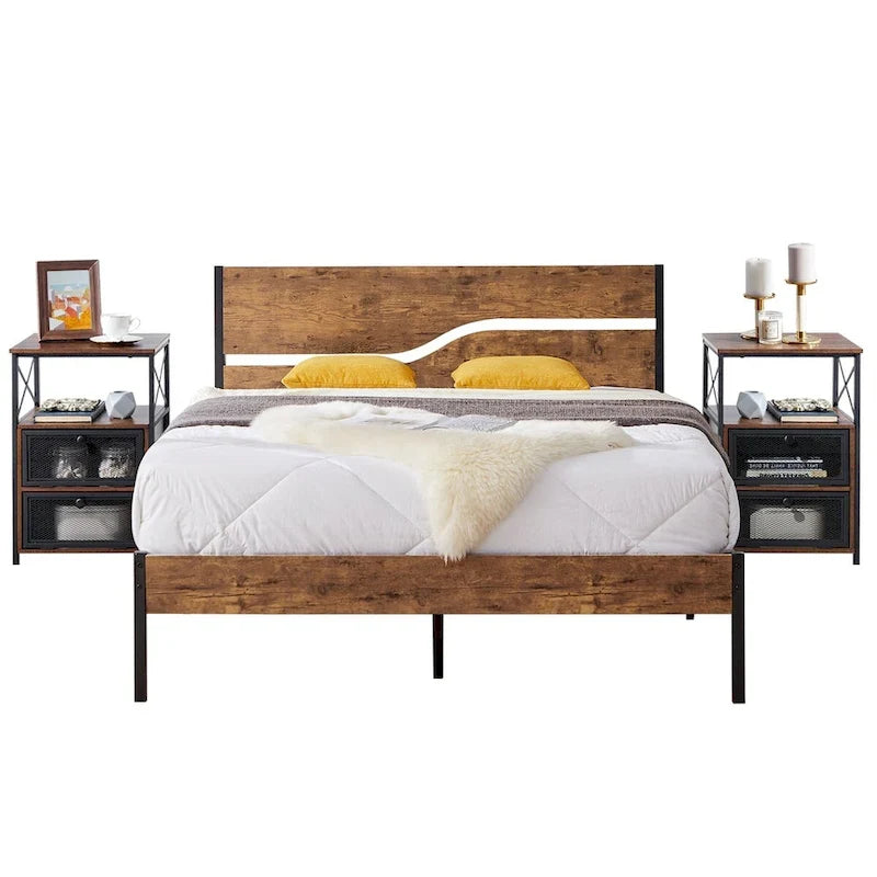 Taomika Bedroom Set of 3,Platform Bed Frame and Modern Nightstands Set of 2