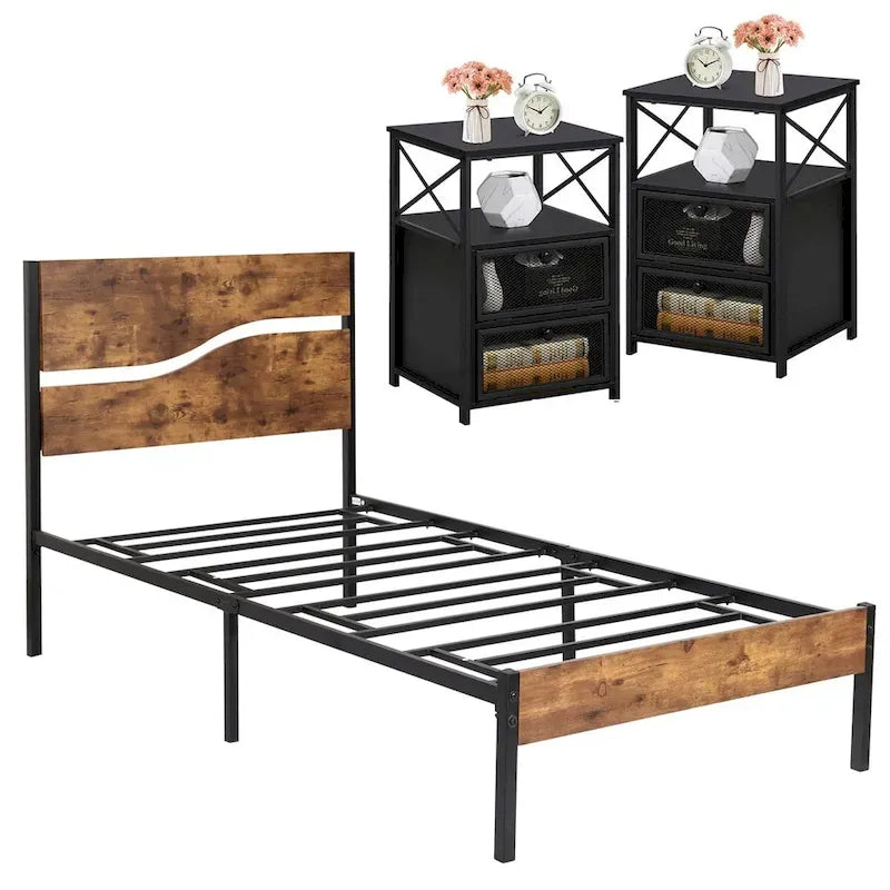 Taomika Bedroom Set of 3,Platform Bed Frame and Modern Nightstands Set of 2