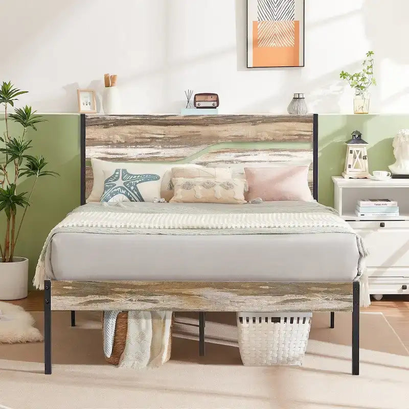 Javlergo Metal Platform Bed Frame with Wooden Headboard and Footboard, Industrial Metal Bedframe No Box Spring Needed