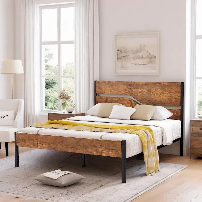 Javlergo Metal Platform Bed Frame with Wooden Headboard and Footboard, Industrial Metal Bedframe No Box Spring Needed