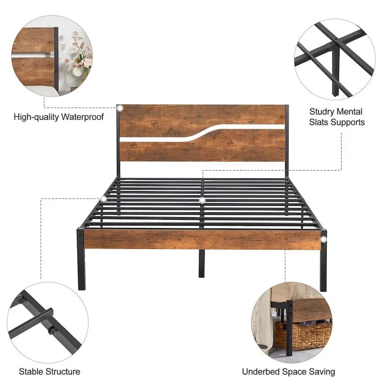 Javlergo Metal Platform Bed Frame with Wooden Headboard and Footboard, Industrial Metal Bedframe No Box Spring Needed