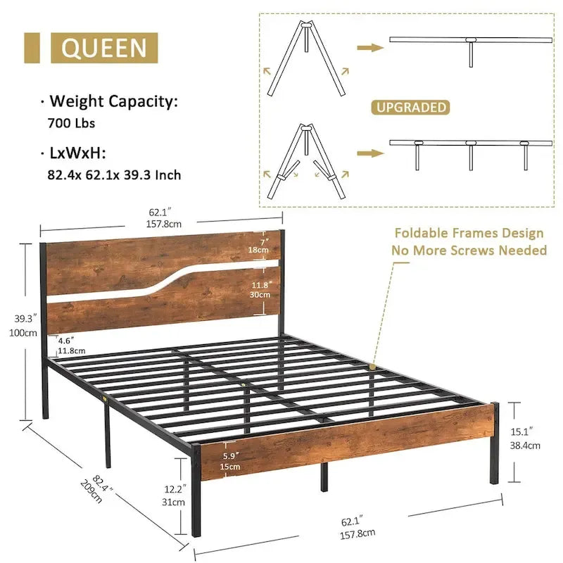 Javlergo Metal Platform Bed Frame with Wooden Headboard and Footboard, Industrial Metal Bedframe No Box Spring Needed