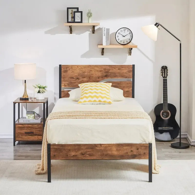 Javlergo Metal Platform Bed Frame with Wooden Headboard and Footboard, Industrial Metal Bedframe No Box Spring Needed